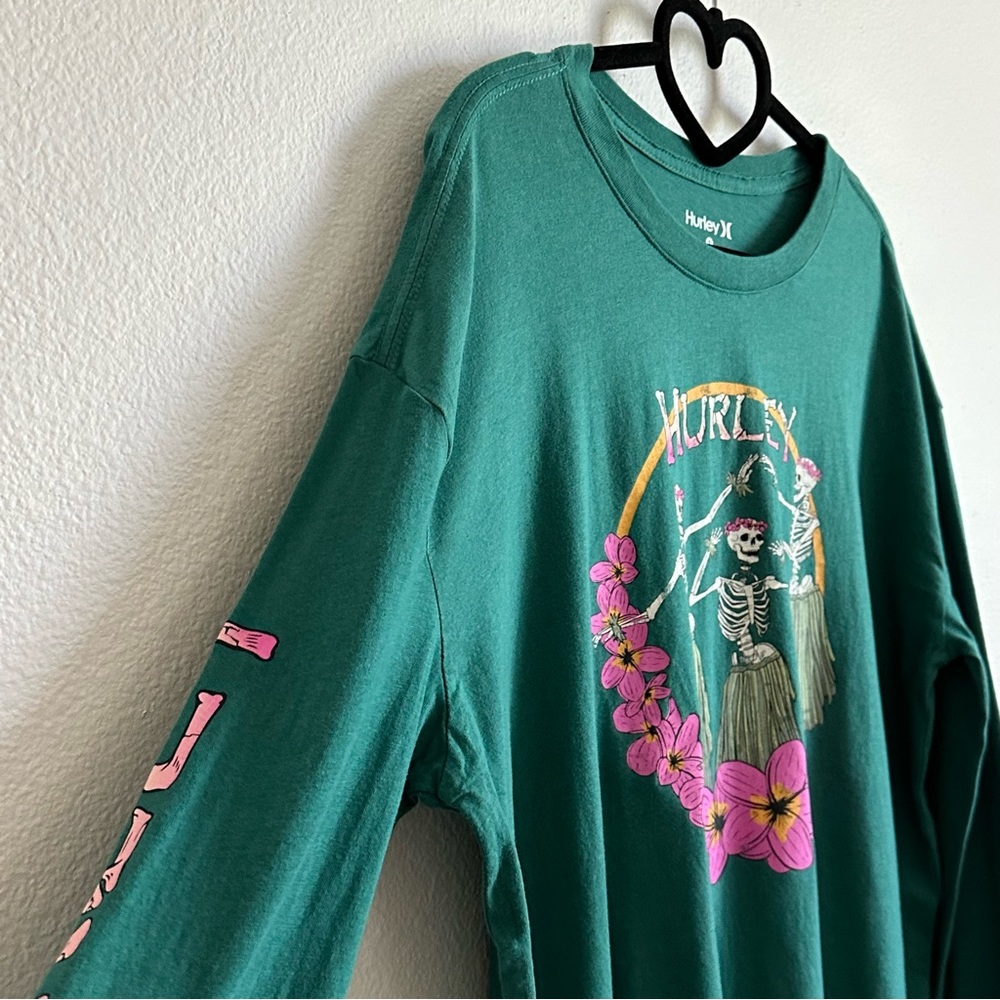 Hurley Green Hula Skeleton Graphic Long Sleeve Relaxed Fit Tee Size S - Picture 6 of 10